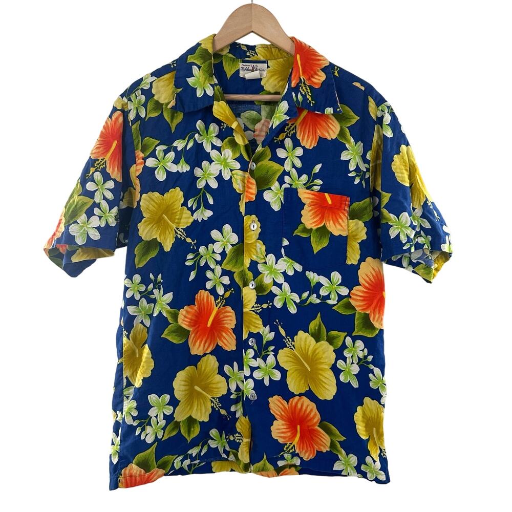Hukilau Fashions Honolulu Hawaiian Shirt Button Up Vintage Mens Blue‎ Orange